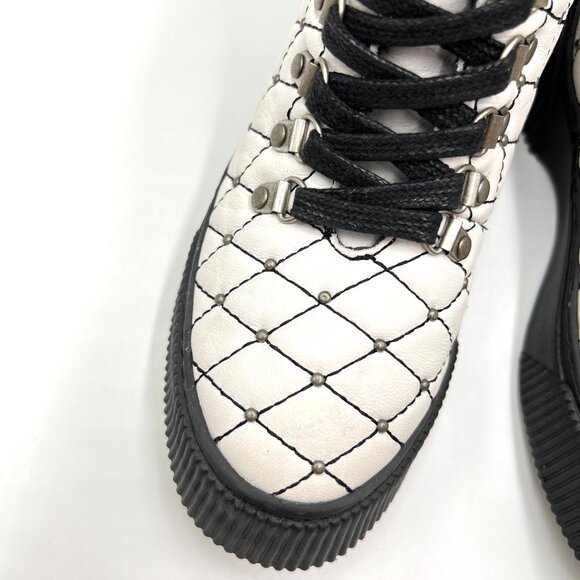 Black And White Leather Quilted Studded Lace Up Combat Moto  Boots Size‎ 37 EU - Picture 3 of 16